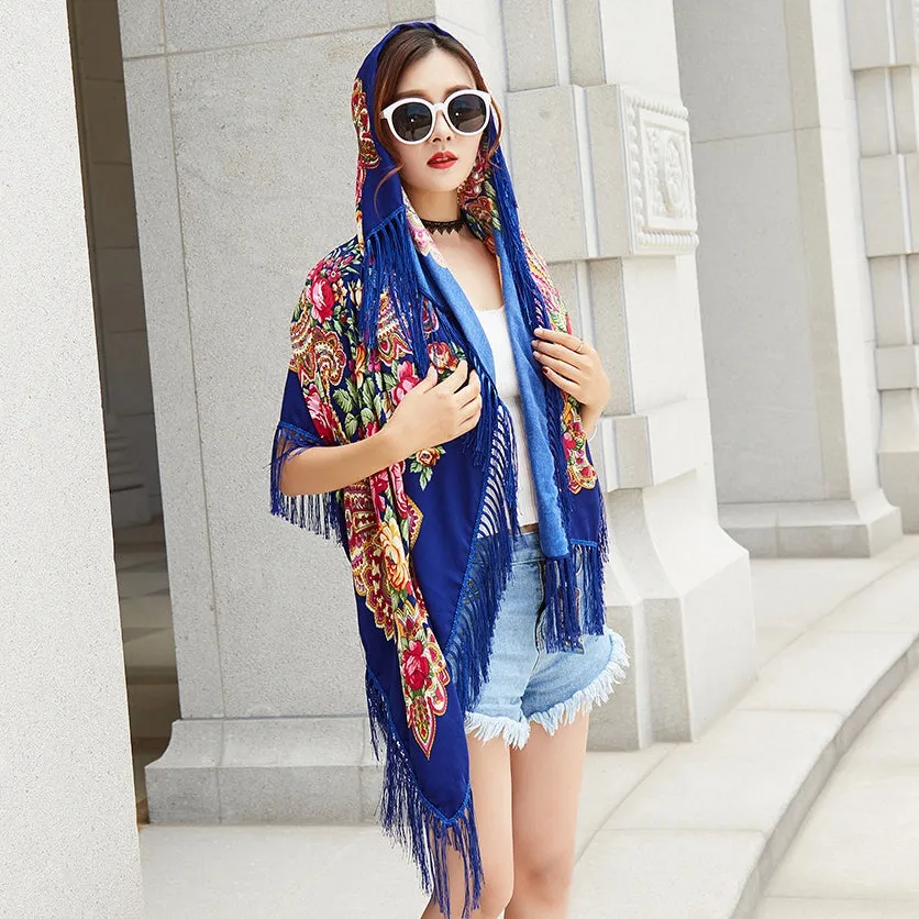Ethnic Flower Print Square Scarf Shawl Fringed Scarves for Women Ladies Girls