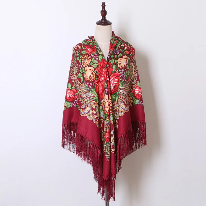 Ethnic Flower Print Square Scarf Shawl Fringed Scarves for Women Ladies Girls