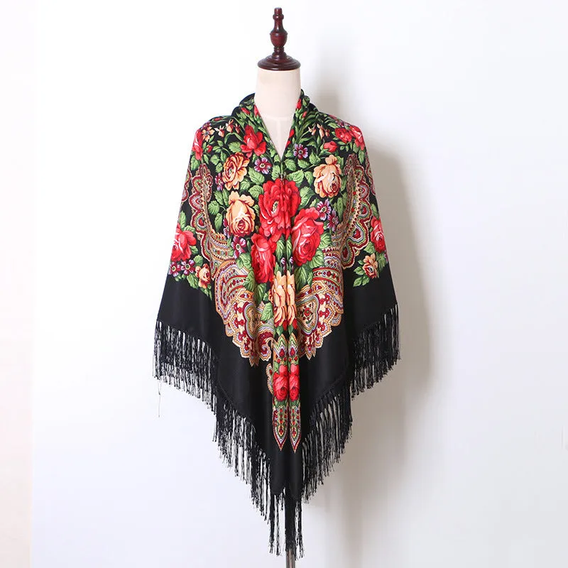 Ethnic Flower Print Square Scarf Shawl Fringed Scarves for Women Ladies Girls