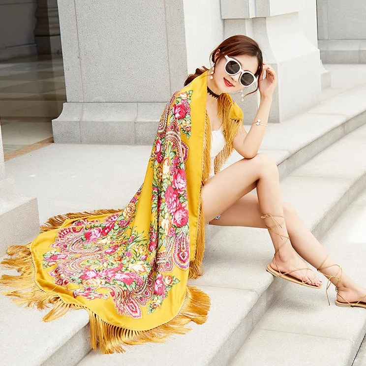 Ethnic Flower Print Square Scarf Shawl Fringed Scarves for Women Ladies Girls