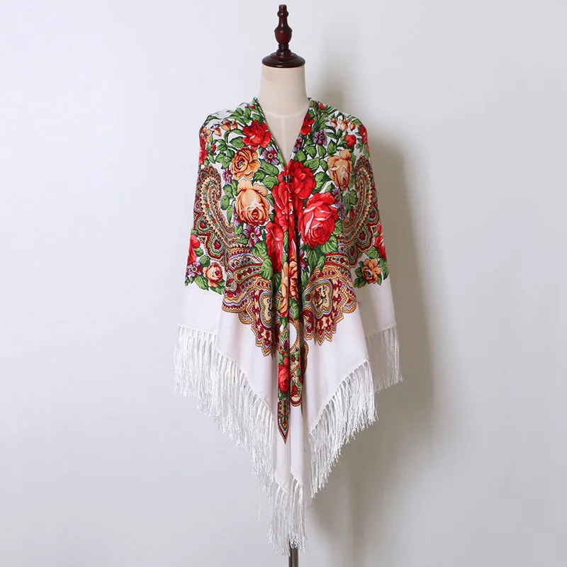 Ethnic Flower Print Square Scarf Shawl Fringed Scarves for Women Ladies Girls