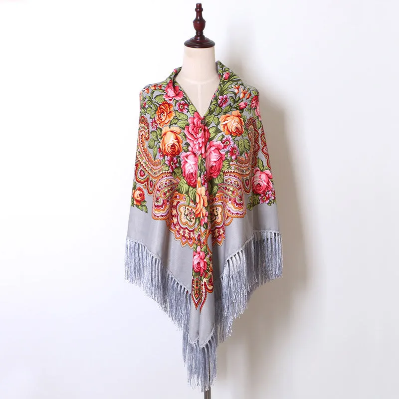 Ethnic Flower Print Square Scarf Shawl Fringed Scarves for Women Ladies Girls