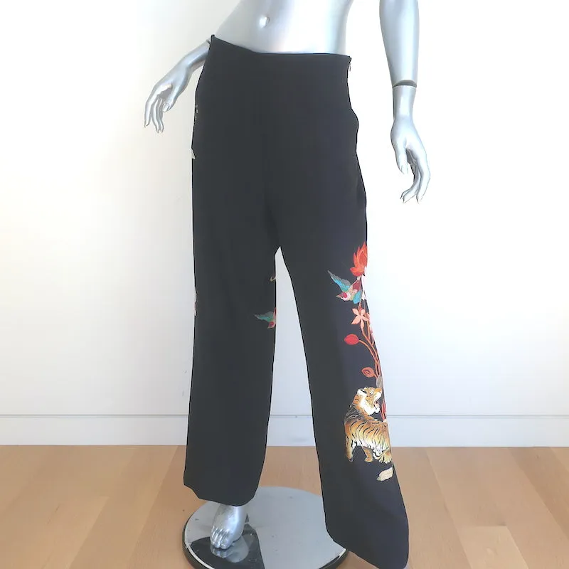 Etro Wide Leg Pants Black Tiger Floral Print Silk Size 46