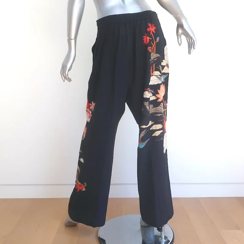 Etro Wide Leg Pants Black Tiger Floral Print Silk Size 46