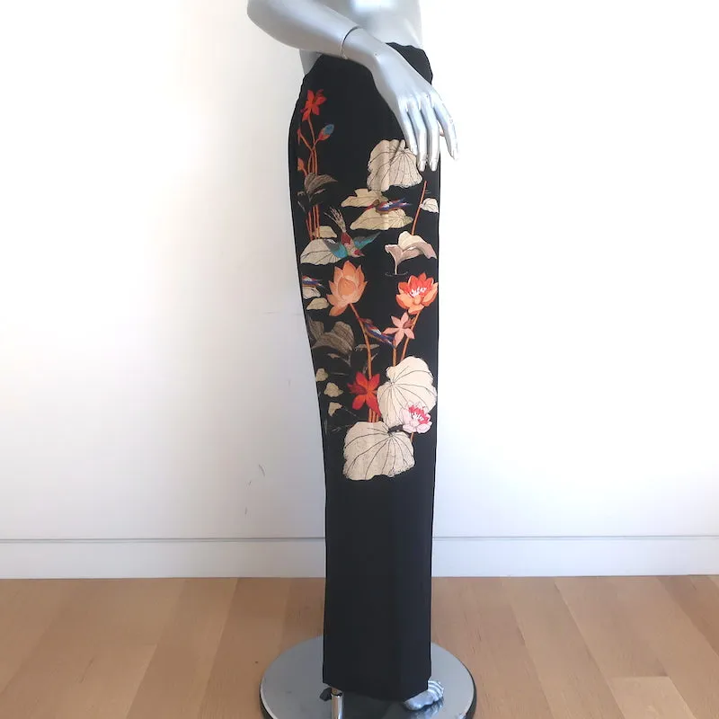 Etro Wide Leg Pants Black Tiger Floral Print Silk Size 46