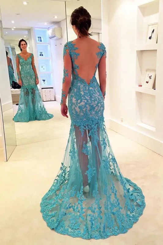 Exquisite Affordable Fabulous Gorgeous Mermaid V-neck Gown Long Sleeves Prom Dress with Lace Appliques
