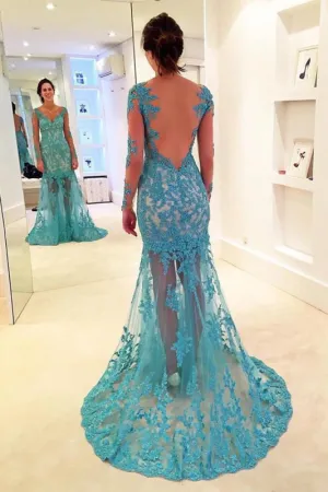 Exquisite Affordable Fabulous Gorgeous Mermaid V-neck Gown Long Sleeves Prom Dress with Lace Appliques