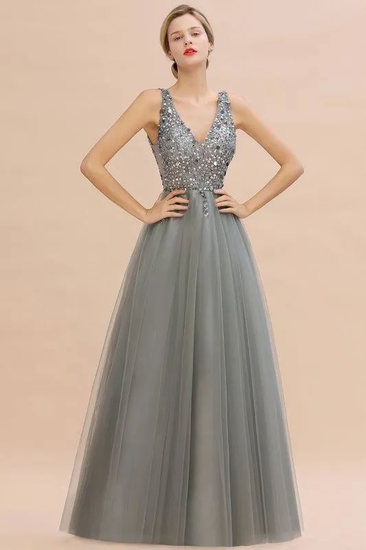 Fabulous Beading V-neck Party Dress Tulle A-line Prom Dress