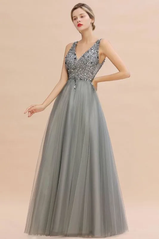 Fabulous Beading V-neck Party Dress Tulle A-line Prom Dress