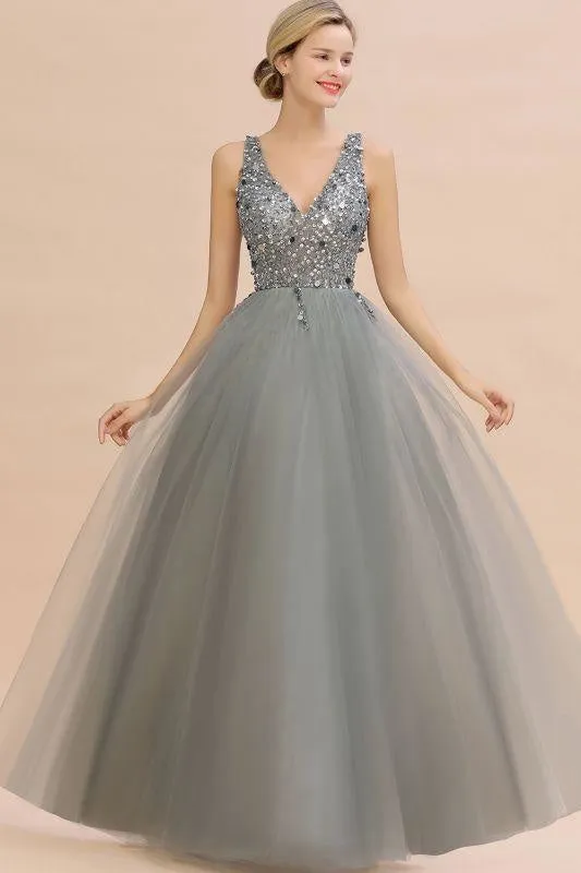 Fabulous Beading V-neck Party Dress Tulle A-line Prom Dress