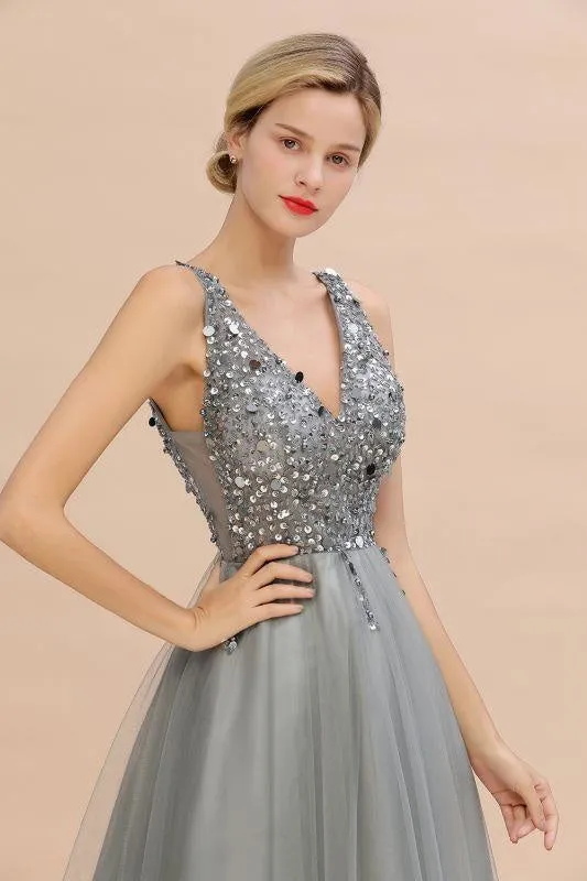 Fabulous Beading V-neck Party Dress Tulle A-line Prom Dress