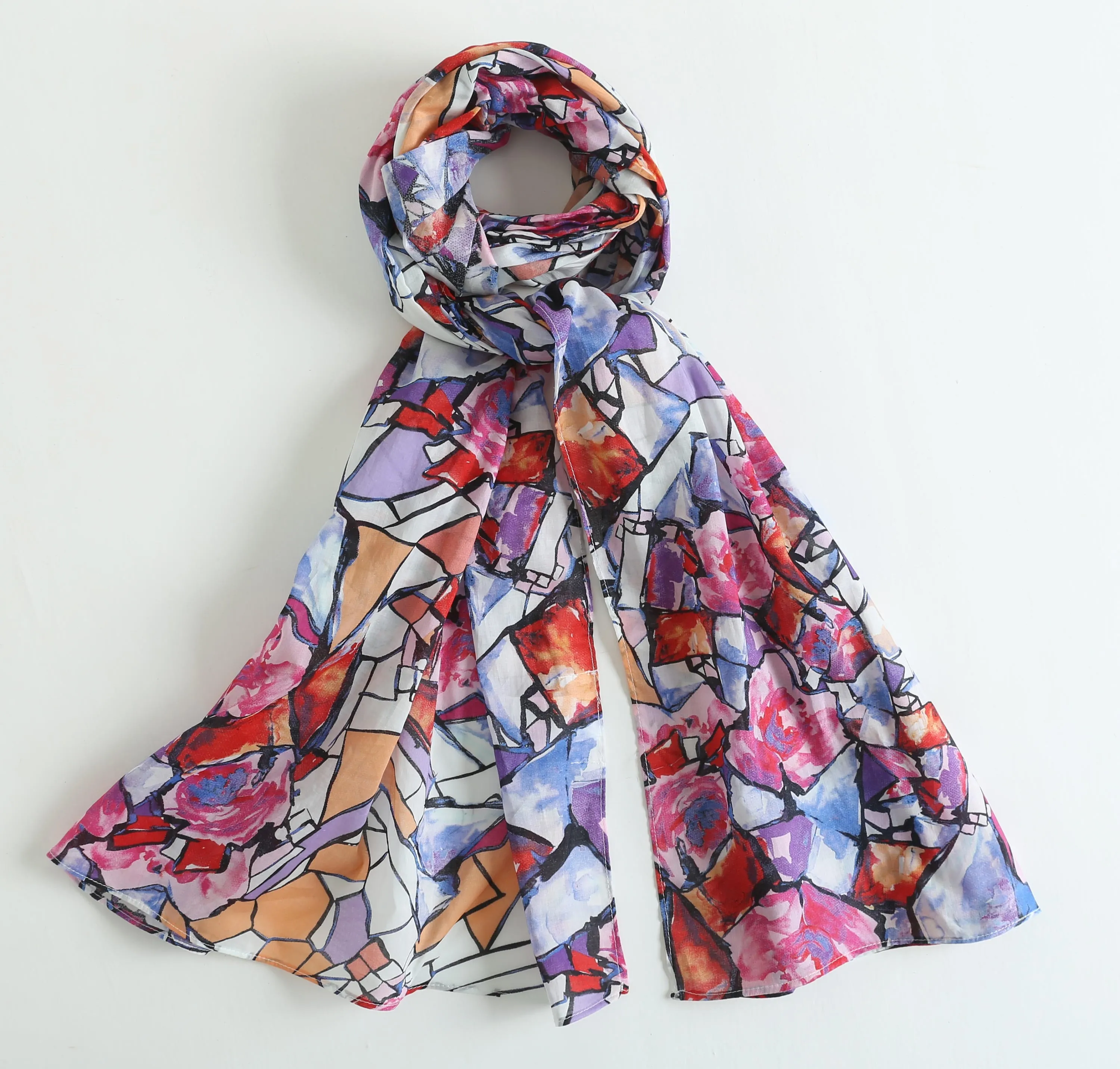Fall Color Scarf, Lightweight Cotton scarf, Abstract Print Cotton Scarf, Oblong Cotton Scarf, Mother's Day Gift