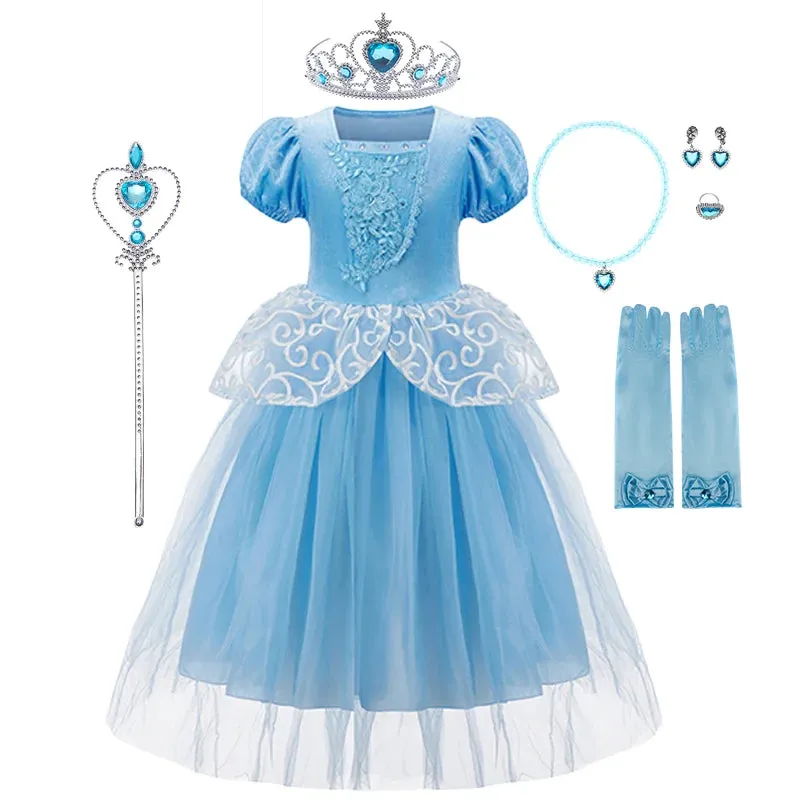 Fantasia Infantil Feminina Princesa Cinderela Malha Floral Acabamento de Alta Qualidade Acompanha Acessórios - Promoção de carnaval 2025