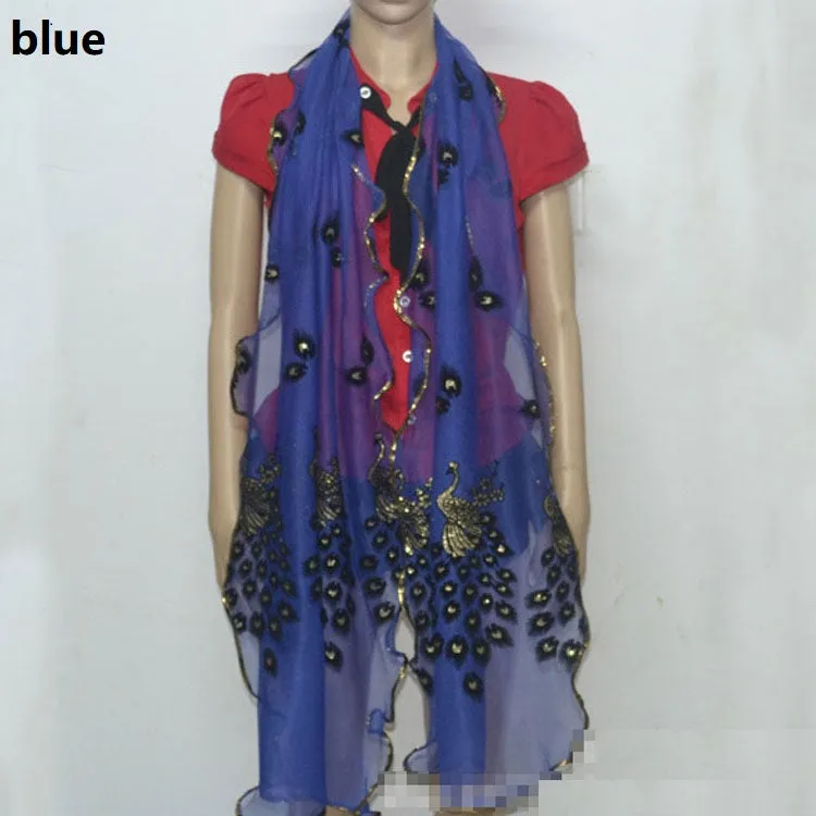 Fashion Lace Scarf Net Yarn Printing Peacock Stitching Flocking Phoenix Scarf for Women Ladies Girls