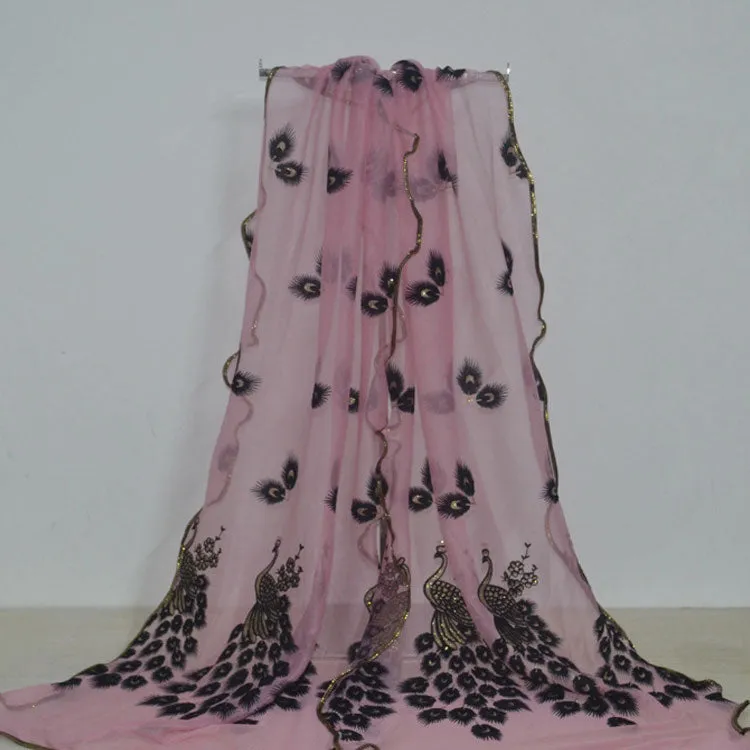 Fashion Lace Scarf Net Yarn Printing Peacock Stitching Flocking Phoenix Scarf for Women Ladies Girls