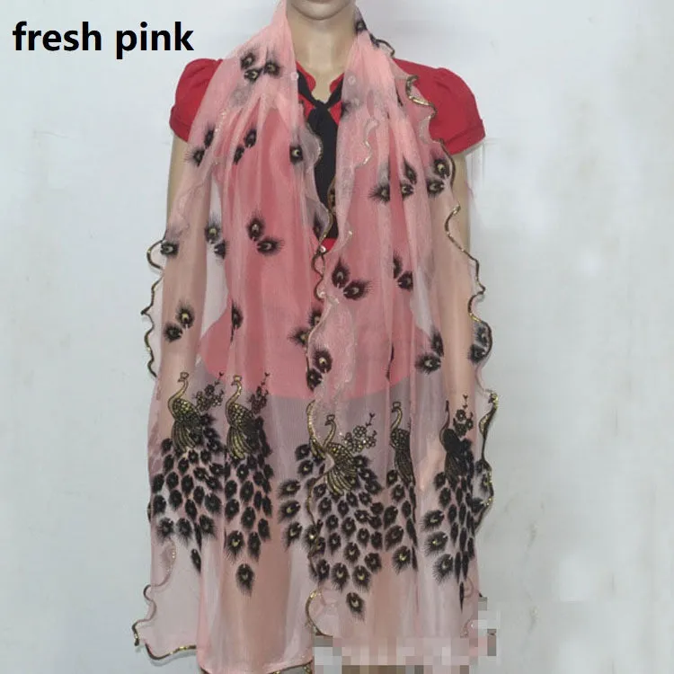 Fashion Lace Scarf Net Yarn Printing Peacock Stitching Flocking Phoenix Scarf for Women Ladies Girls