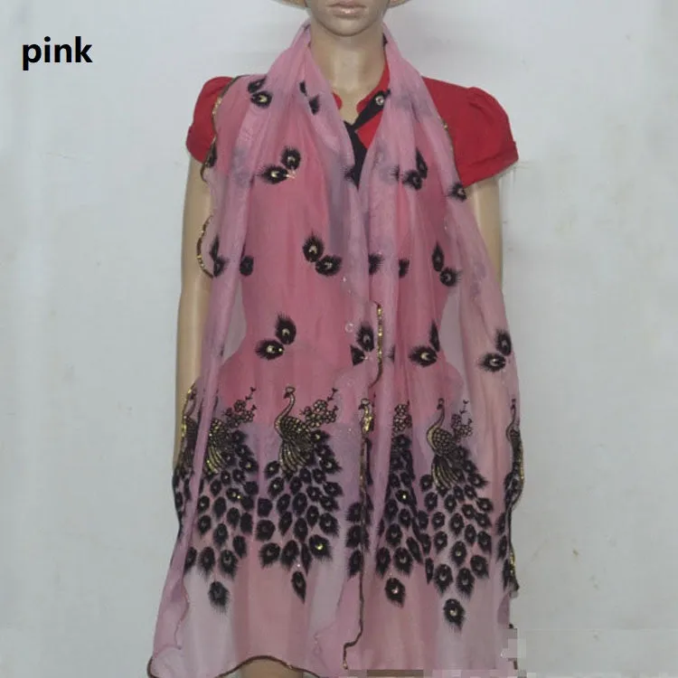 Fashion Lace Scarf Net Yarn Printing Peacock Stitching Flocking Phoenix Scarf for Women Ladies Girls