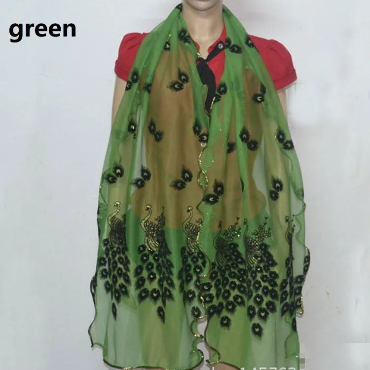 Fashion Lace Scarf Net Yarn Printing Peacock Stitching Flocking Phoenix Scarf for Women Ladies Girls