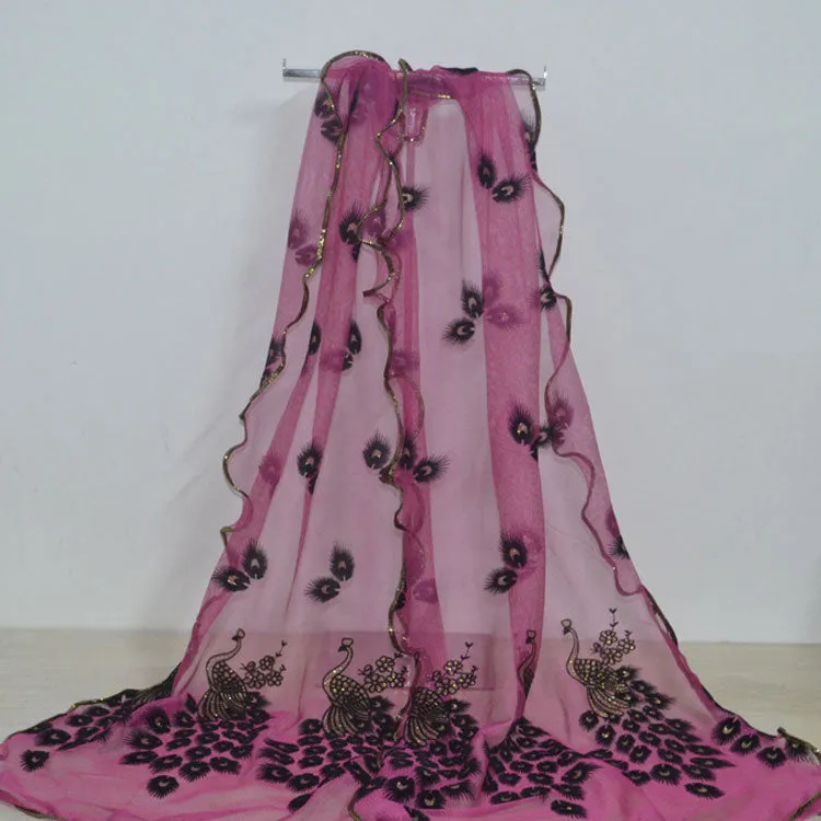 Fashion Lace Scarf Net Yarn Printing Peacock Stitching Flocking Phoenix Scarf for Women Ladies Girls