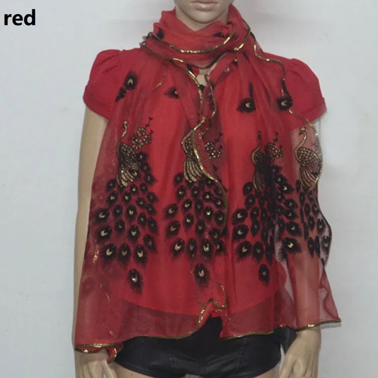 Fashion Lace Scarf Net Yarn Printing Peacock Stitching Flocking Phoenix Scarf for Women Ladies Girls