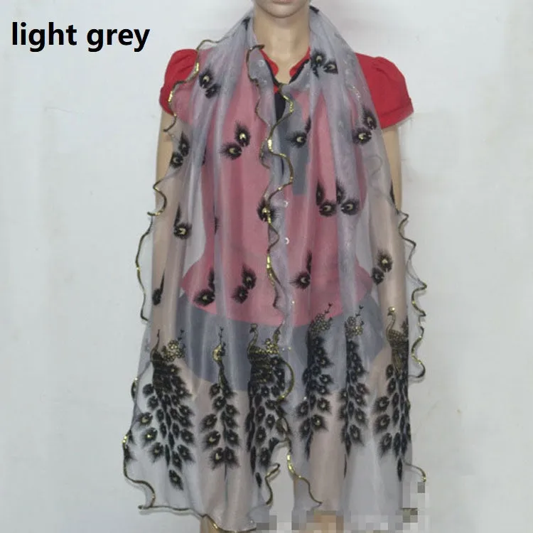 Fashion Lace Scarf Net Yarn Printing Peacock Stitching Flocking Phoenix Scarf for Women Ladies Girls