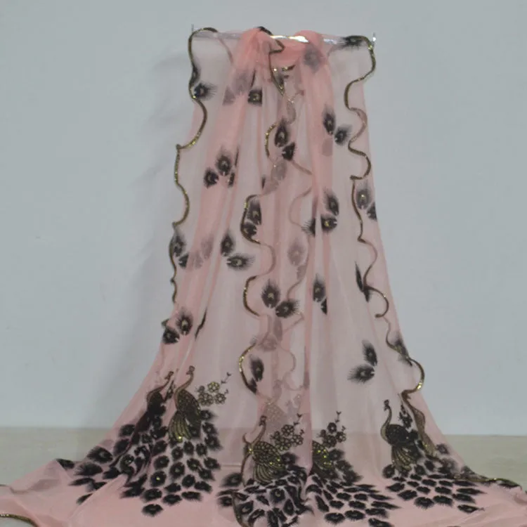 Fashion Lace Scarf Net Yarn Printing Peacock Stitching Flocking Phoenix Scarf for Women Ladies Girls