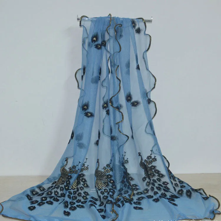 Fashion Lace Scarf Net Yarn Printing Peacock Stitching Flocking Phoenix Scarf for Women Ladies Girls