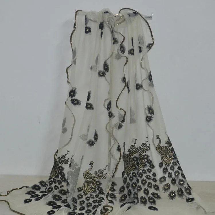 Fashion Lace Scarf Net Yarn Printing Peacock Stitching Flocking Phoenix Scarf for Women Ladies Girls