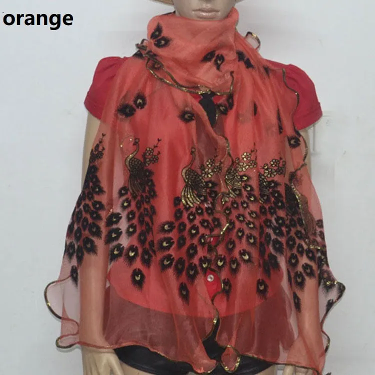 Fashion Lace Scarf Net Yarn Printing Peacock Stitching Flocking Phoenix Scarf for Women Ladies Girls