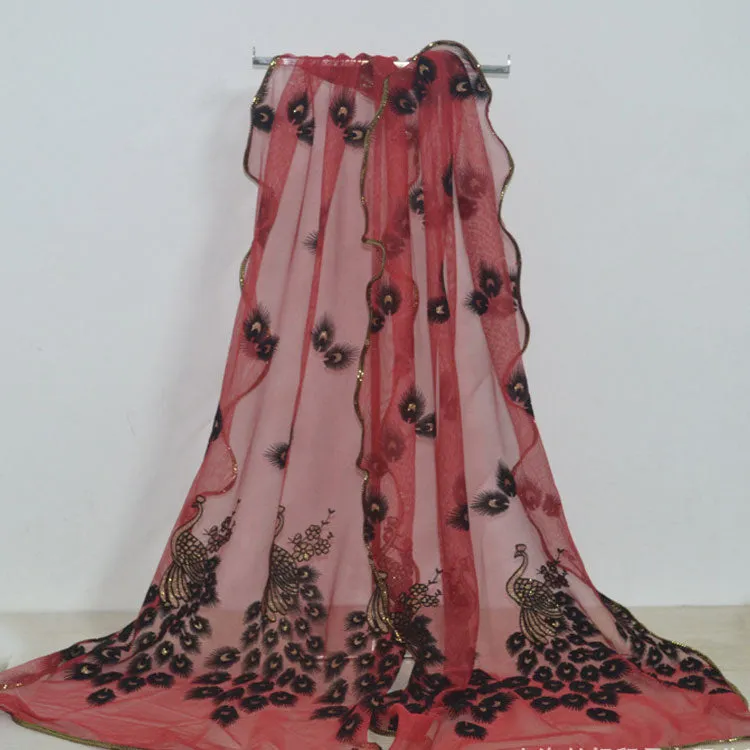 Fashion Lace Scarf Net Yarn Printing Peacock Stitching Flocking Phoenix Scarf for Women Ladies Girls