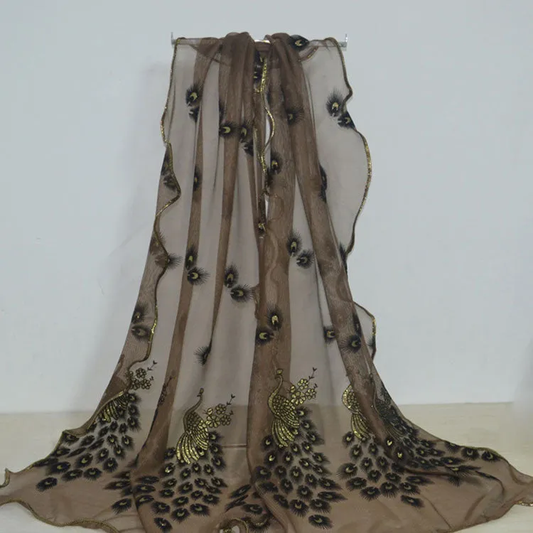Fashion Lace Scarf Net Yarn Printing Peacock Stitching Flocking Phoenix Scarf for Women Ladies Girls