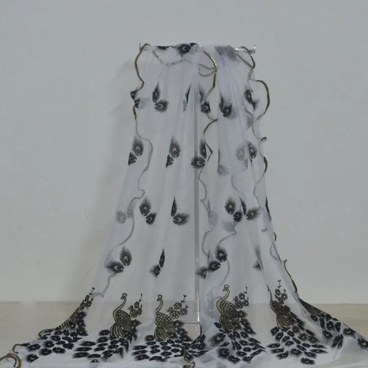 Fashion Lace Scarf Net Yarn Printing Peacock Stitching Flocking Phoenix Scarf for Women Ladies Girls