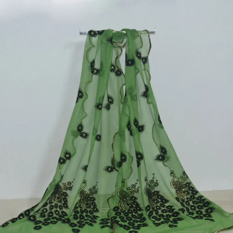 Fashion Lace Scarf Net Yarn Printing Peacock Stitching Flocking Phoenix Scarf for Women Ladies Girls