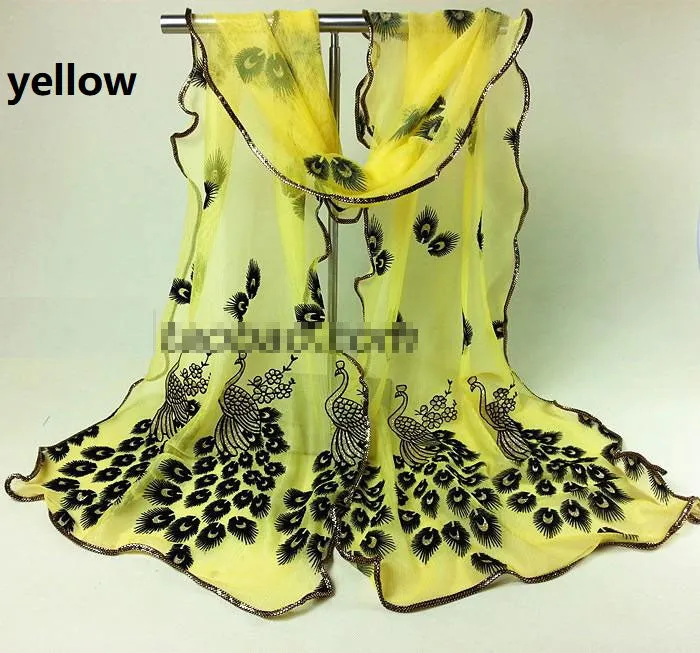Fashion Lace Scarf Net Yarn Printing Peacock Stitching Flocking Phoenix Scarf for Women Ladies Girls