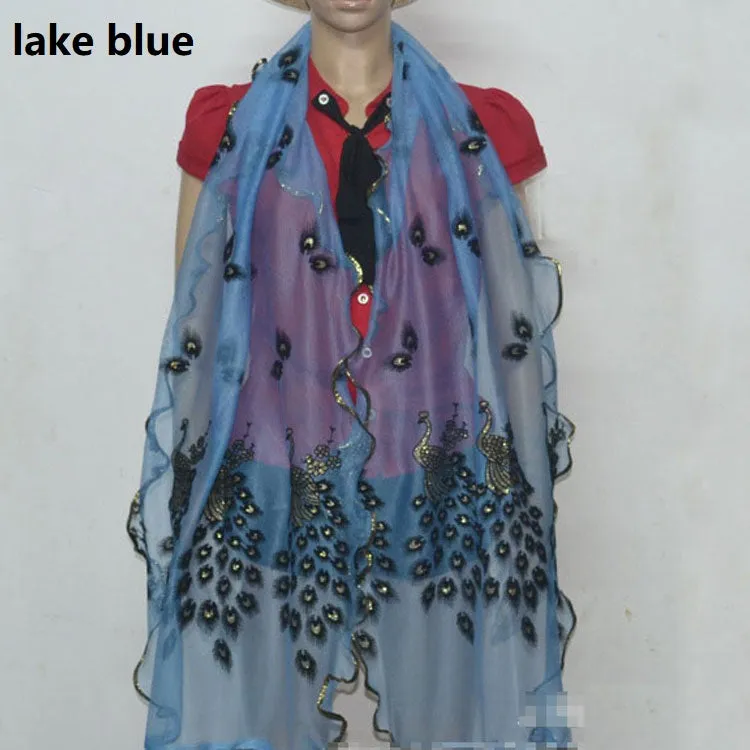 Fashion Lace Scarf Net Yarn Printing Peacock Stitching Flocking Phoenix Scarf for Women Ladies Girls