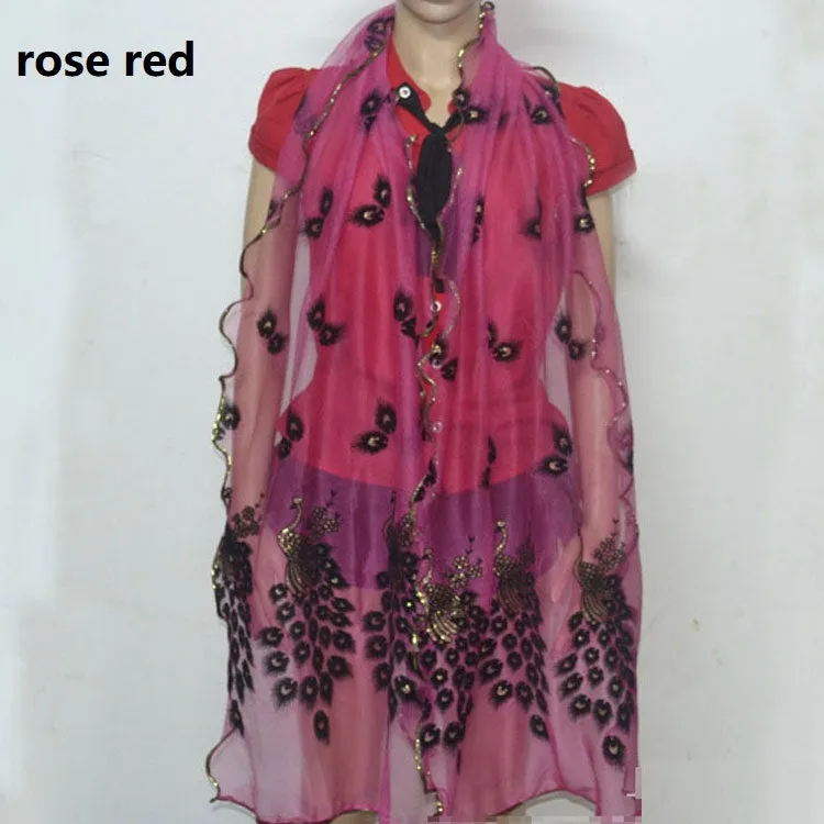 Fashion Lace Scarf Net Yarn Printing Peacock Stitching Flocking Phoenix Scarf for Women Ladies Girls