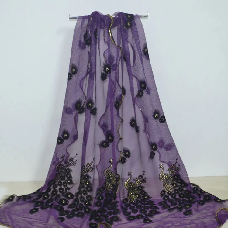 Fashion Lace Scarf Net Yarn Printing Peacock Stitching Flocking Phoenix Scarf for Women Ladies Girls
