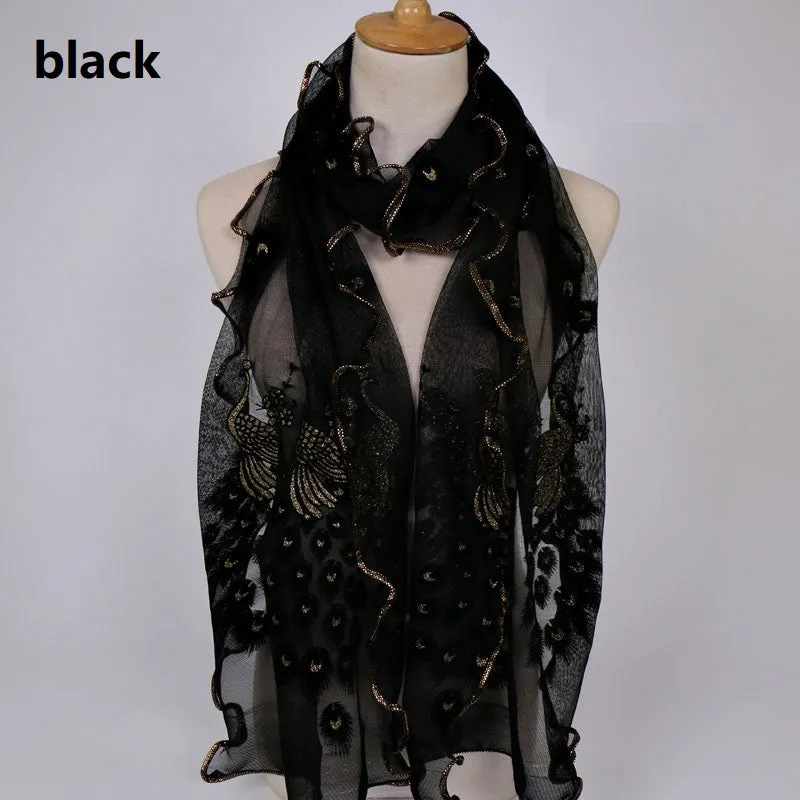 Fashion Lace Scarf Net Yarn Printing Peacock Stitching Flocking Phoenix Scarf for Women Ladies Girls