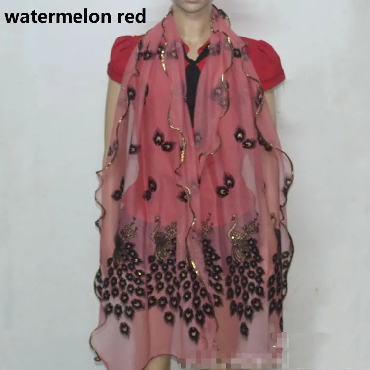 Fashion Lace Scarf Net Yarn Printing Peacock Stitching Flocking Phoenix Scarf for Women Ladies Girls