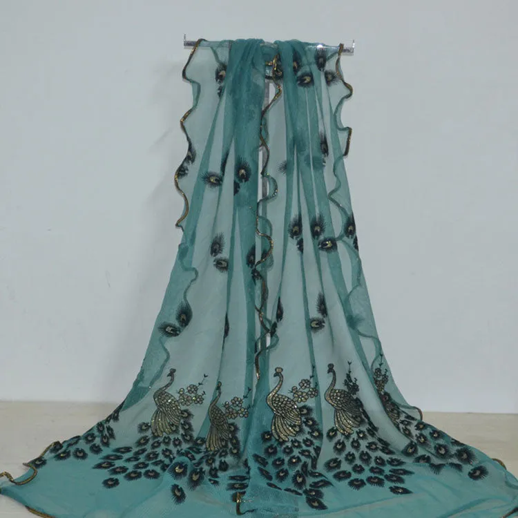 Fashion Lace Scarf Net Yarn Printing Peacock Stitching Flocking Phoenix Scarf for Women Ladies Girls