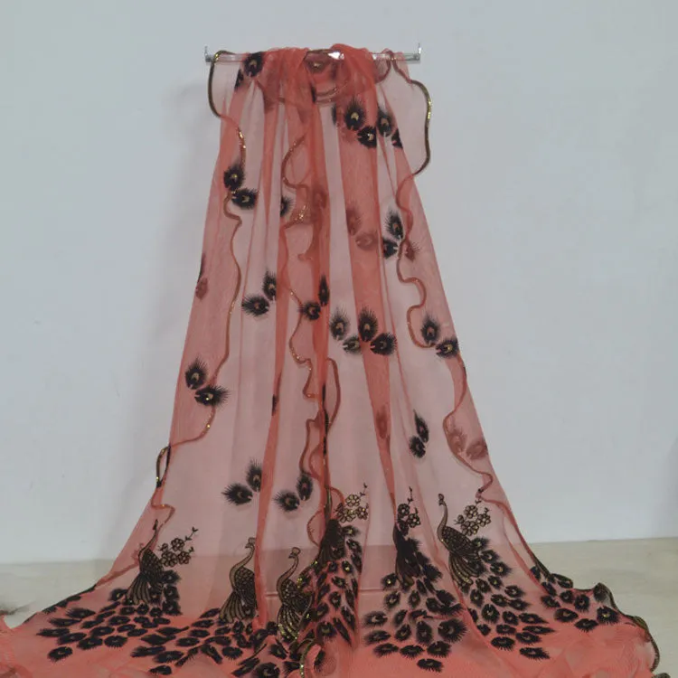 Fashion Lace Scarf Net Yarn Printing Peacock Stitching Flocking Phoenix Scarf for Women Ladies Girls