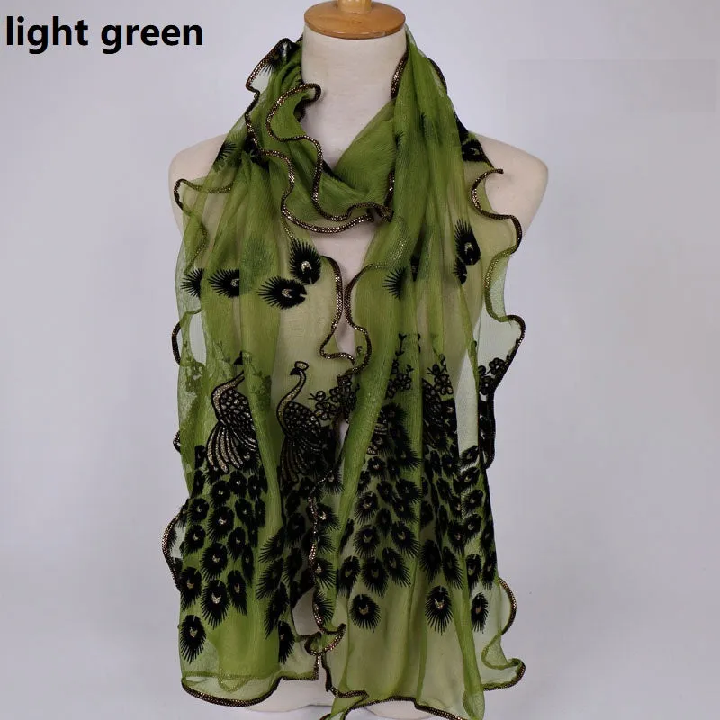 Fashion Lace Scarf Net Yarn Printing Peacock Stitching Flocking Phoenix Scarf for Women Ladies Girls