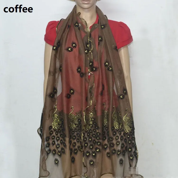 Fashion Lace Scarf Net Yarn Printing Peacock Stitching Flocking Phoenix Scarf for Women Ladies Girls