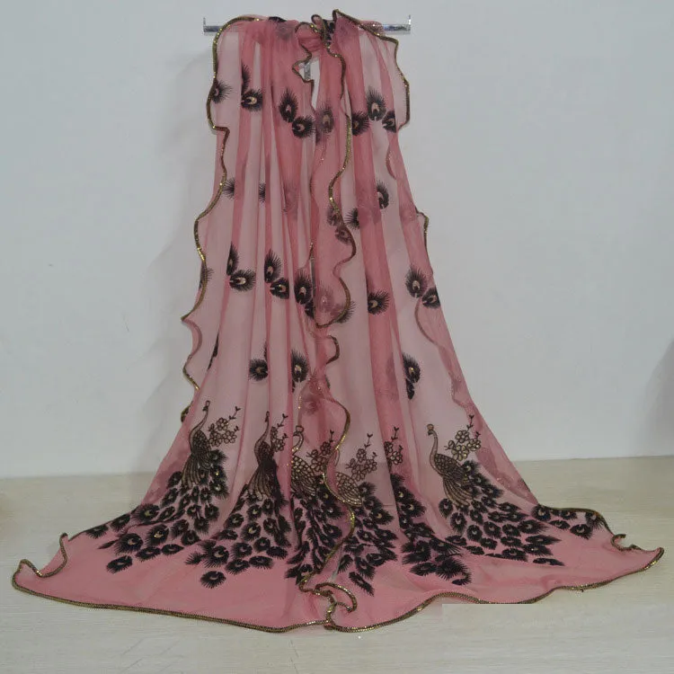 Fashion Lace Scarf Net Yarn Printing Peacock Stitching Flocking Phoenix Scarf for Women Ladies Girls