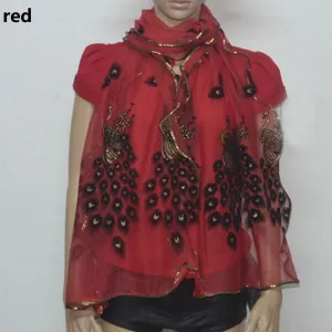 Fashion Lace Scarf Net Yarn Printing Peacock Stitching Flocking Phoenix Scarf for Women Ladies Girls
