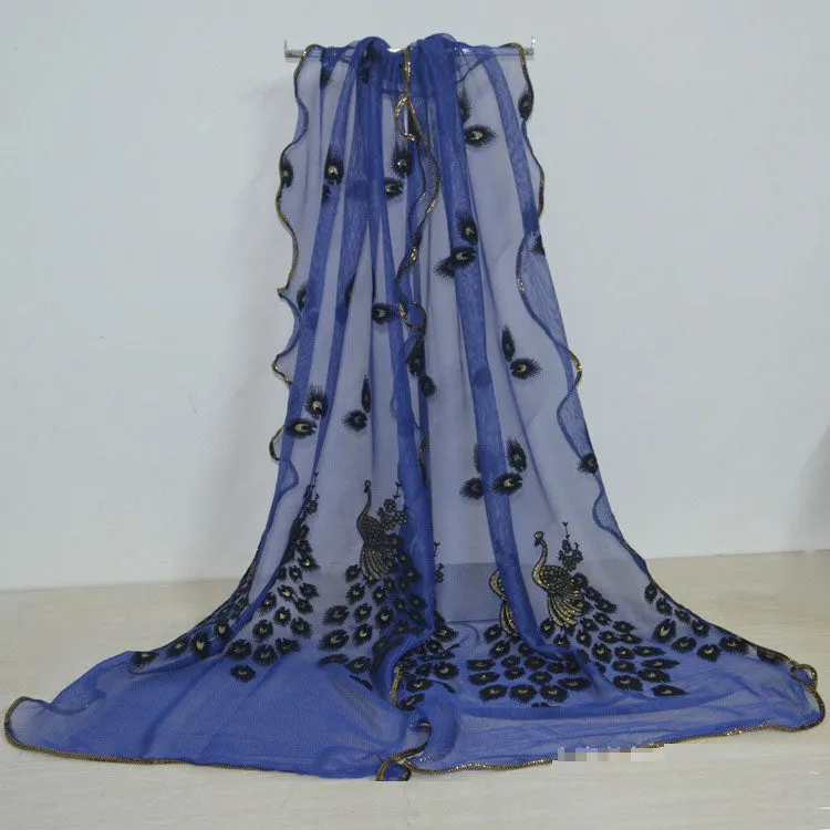Fashion Lace Scarf Net Yarn Printing Peacock Stitching Flocking Phoenix Scarf for Women Ladies Girls