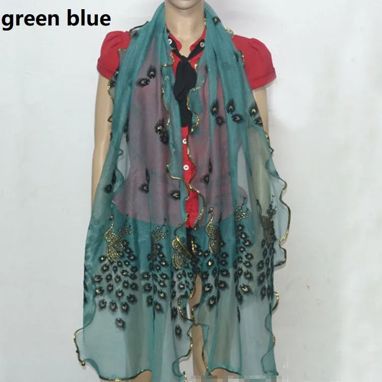 Fashion Lace Scarf Net Yarn Printing Peacock Stitching Flocking Phoenix Scarf for Women Ladies Girls