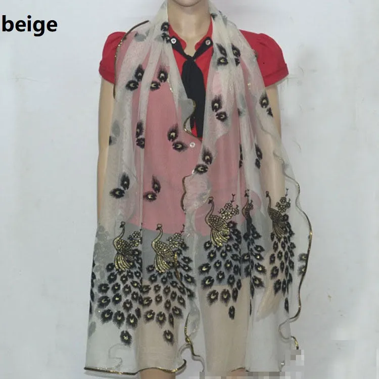 Fashion Lace Scarf Net Yarn Printing Peacock Stitching Flocking Phoenix Scarf for Women Ladies Girls