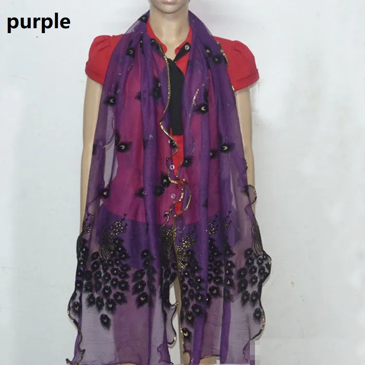 Fashion Lace Scarf Net Yarn Printing Peacock Stitching Flocking Phoenix Scarf for Women Ladies Girls