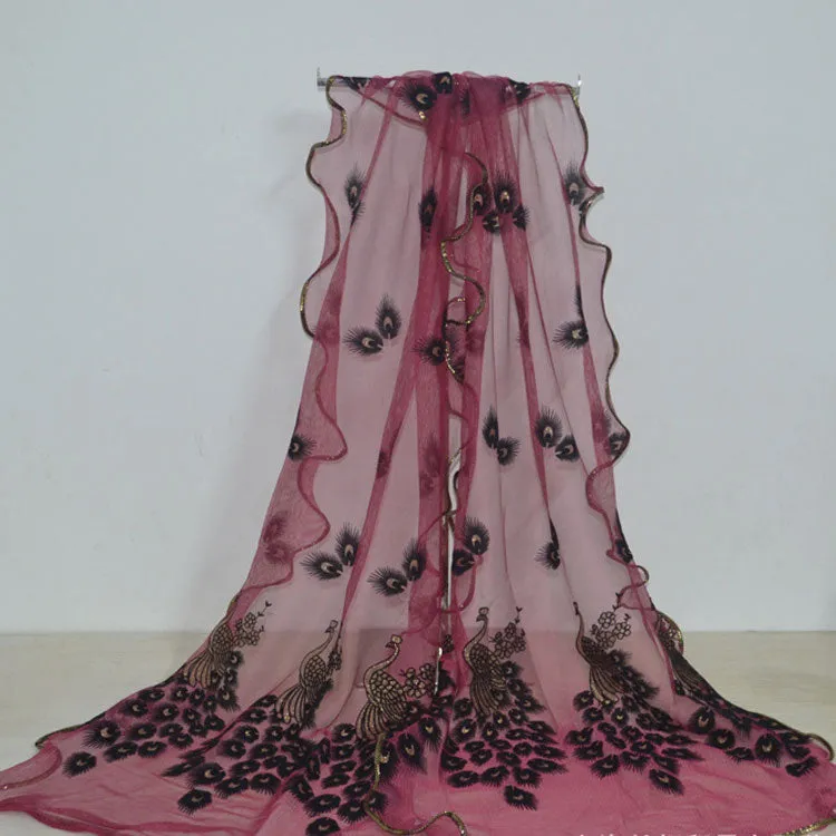 Fashion Lace Scarf Net Yarn Printing Peacock Stitching Flocking Phoenix Scarf for Women Ladies Girls